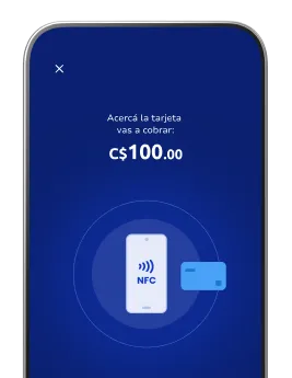Celular mostrando la app Poket con pantalla de cobro NFC