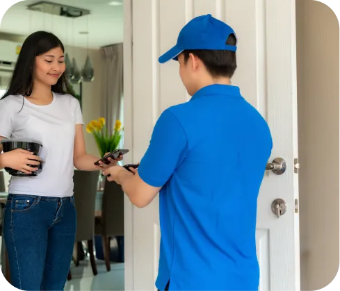 Hombre rapartidor sonriente usando celular para cobrar con Poket, entregando un delivery a mujer sonriente